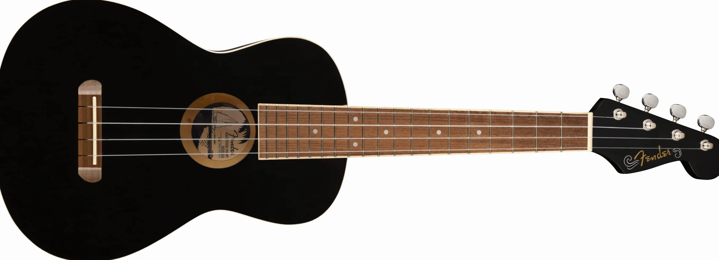 Fender Ukulele Tenore Avalon per Adulti e Bambini, Costruzione in Legno di Tiglio, Tastiera in Noce, Paletta Fender Stratocaster Classica, in Nero