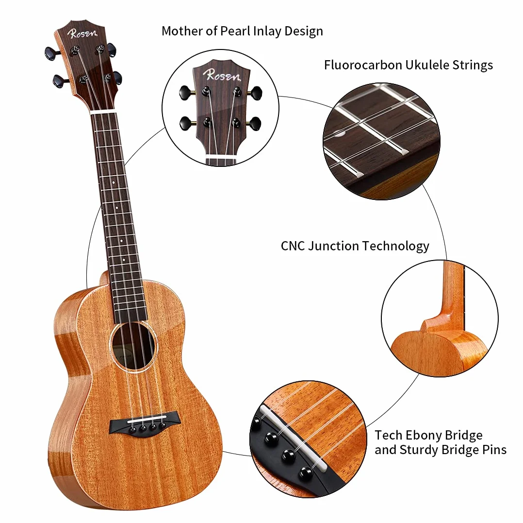 Rosen Ukulele tenore in mogano massiccio, 26 pollici, kit di base professionale con libro di testo Gig Bag Tuner Capo Picks Corde