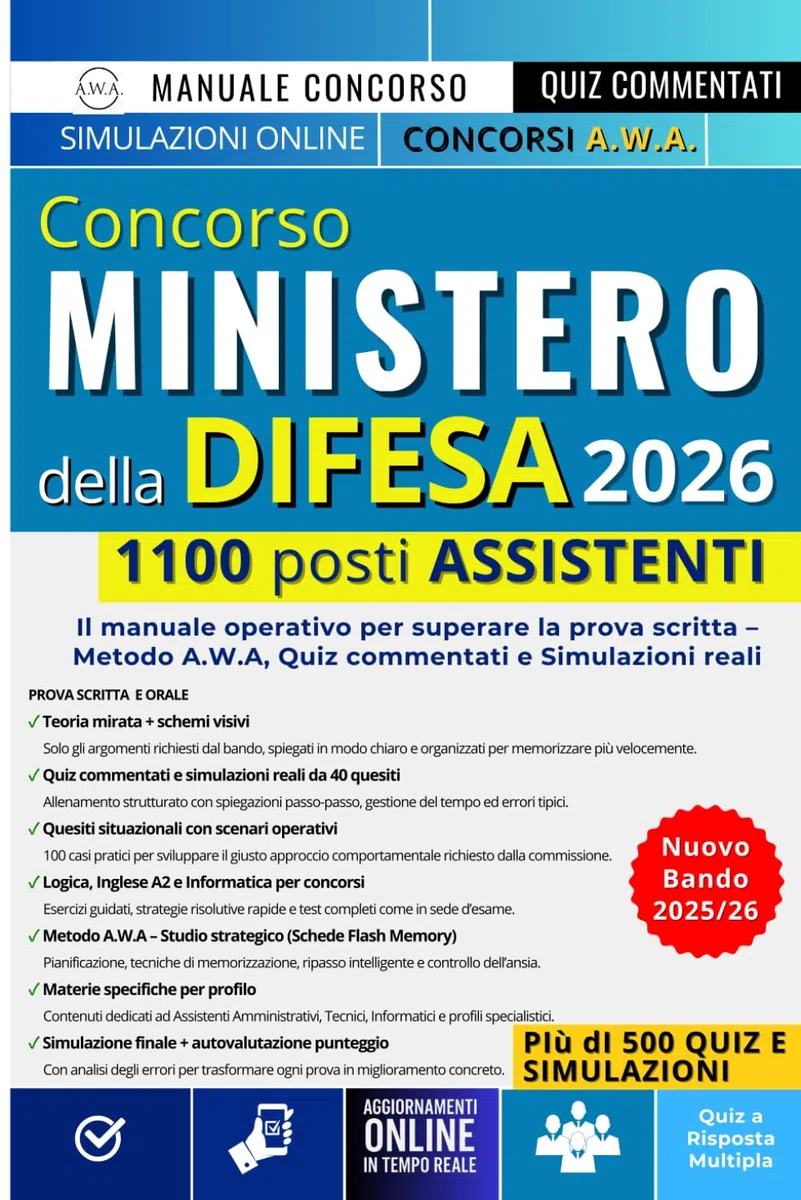 Concorso Ministero della Difesa 1100 Assistenti 2026: Il manuale operativo per superare la prova scritta - Metodo A.W.A - Quiz commentati e simulazioni reali