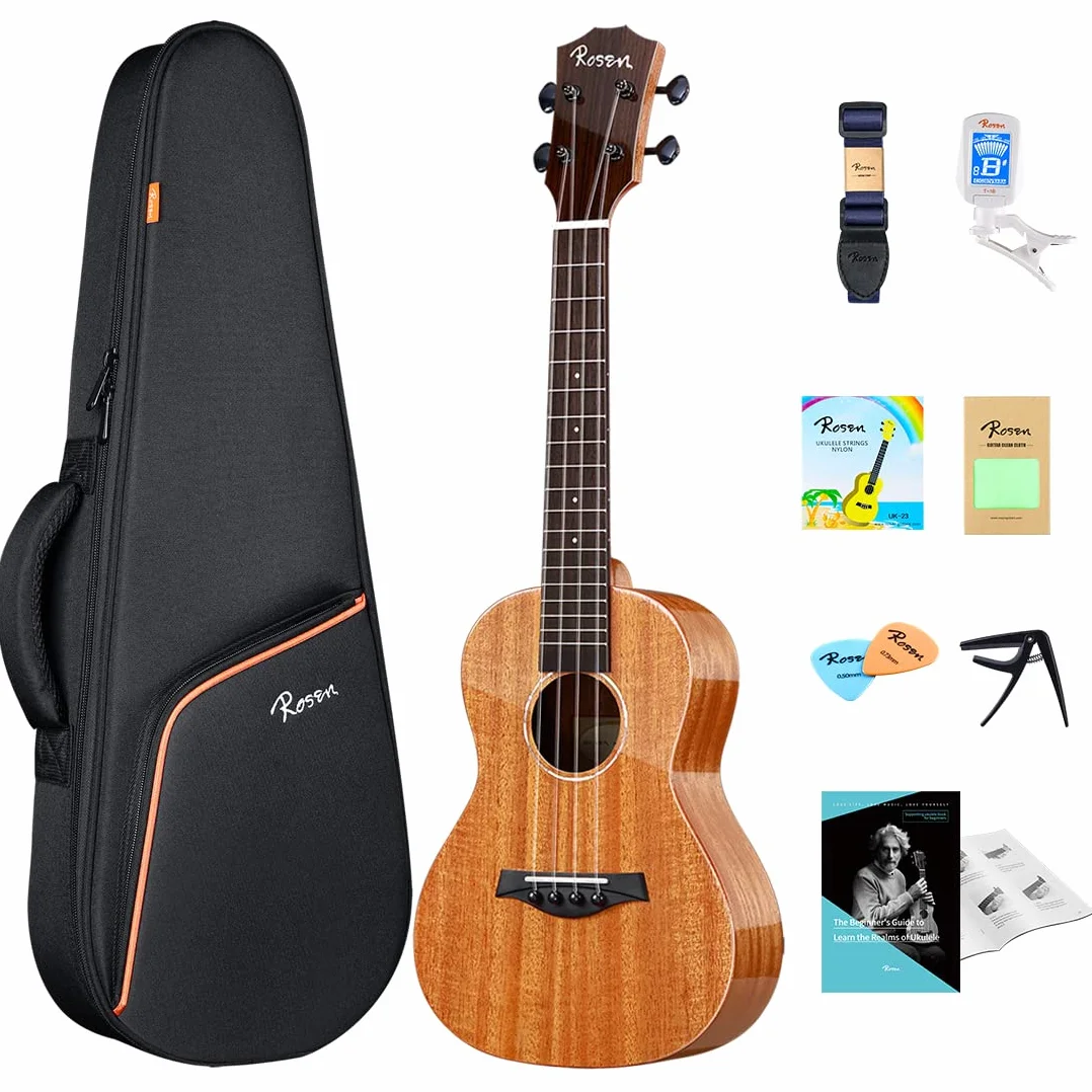 Rosen Ukulele tenore in mogano massiccio, 26 pollici, kit di base professionale con libro di testo Gig Bag Tuner Capo Picks Corde