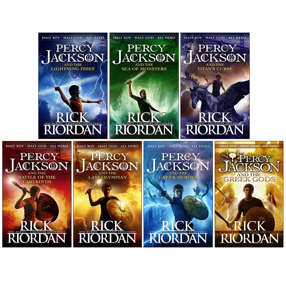 Percy Jackson Collection 7 Books Set By Rick Riordan (Lightning Thief, Sea of Monsters, Titan's Curse, Battle of the Labyrinth, Last Olympian, Greek Heroes, Greek Gods)